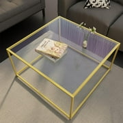 Glass Coffee Table Modern Center Table,Minimalist Coffee Table Sofa Side Tea Table for Living Room,Tempered Glass-top with Sturdy Metal Frame, Easy Assembly,26.7 x 26.7 x 15.7 Inches, Gold